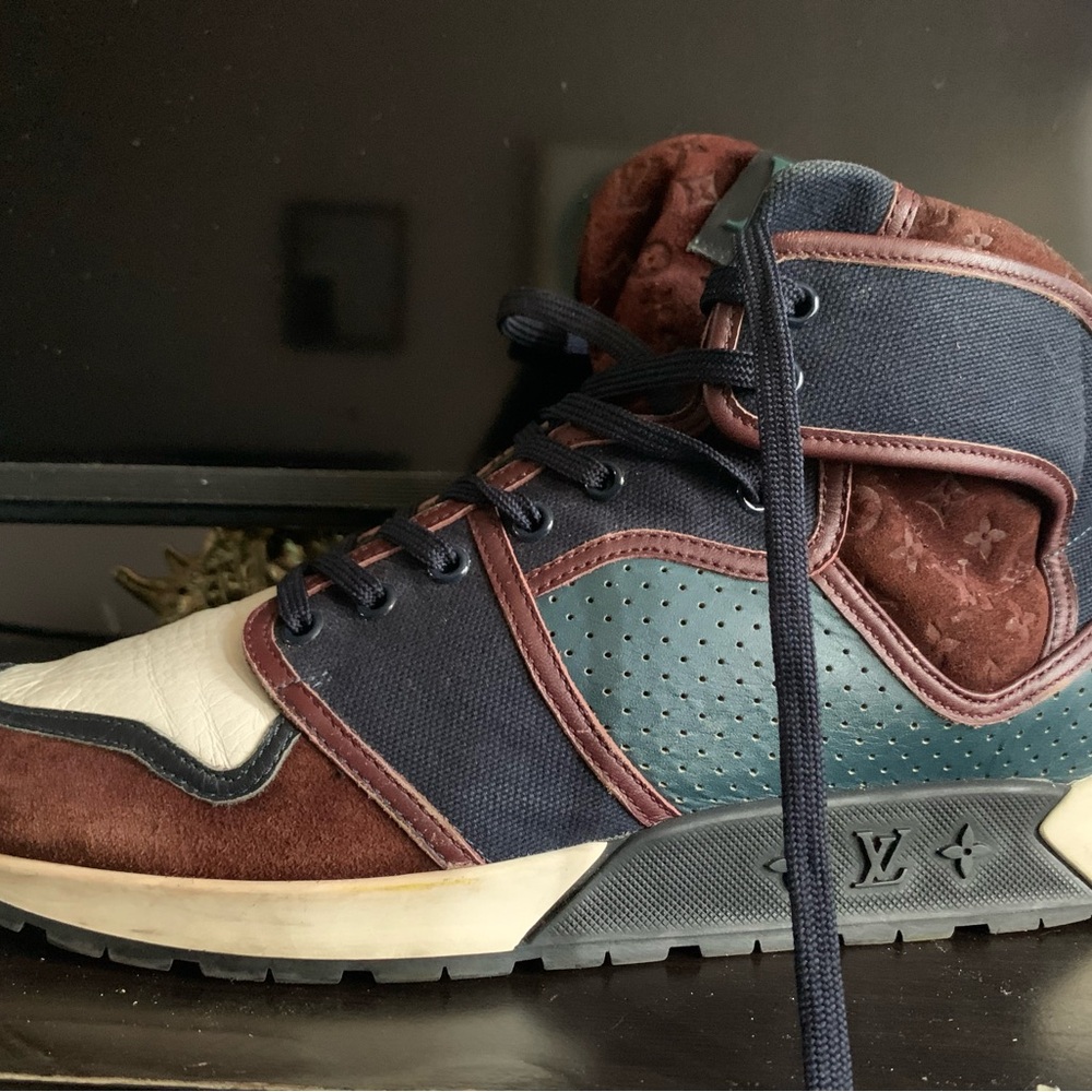 Louis Vuitton upside down monogram patchwork hi top sneakers
